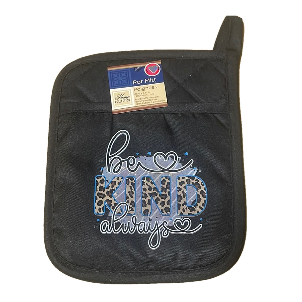 Blue Collection Black Pot Mitt with Be Kind Design